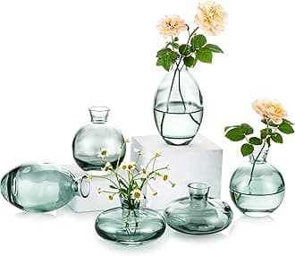 Small Vase for Table Decoration Handmade Glass Vases for Flowers, 6Pcs/2Sets Green Vintage Bud Vases Aesthetic Mini Vase Set for Kawaii Living Room Decor Bedroom Ornaments Wedding Centrepieces
