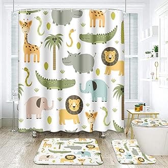 ArtSocket Cute Hippo Crocodile Bathroom Set with Shower Curtain and Rugs Accessories Lion Elephant Giraffe Shower Curtain Set Childish Colorful Bathroom Decor 4 Pcs