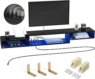 FABATO 71'' Floating TV Stand with LED Light Power Outlet, Floating Shelf for Under TV Wall Mount with Storage Shelf, Media Console Entertainment Center for Living Room, Black