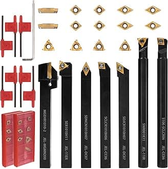 Indexable Lathe Turning Tool 21Pcs Kit,7 Pcs Metal Lathe Tool Holder Set and 14 Pcs Turning Inserts,3/8'' 10mm Shank with Carbide Inserts for Turning Grooving Threading Boring