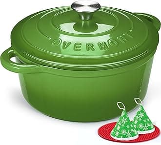 Overmont 6.6L Enamelled Cast Iron Round Casserole Pot With Lid Cookbook & Cotton Potholders - Non-stick Dutch Oven Cookware for Braising, Stews, Roasting, Bread Baking - Green, 26cm