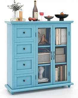 COSTWAY Modern Blue Buffet Sideboard, 36" x 12" x 36.5" (L x W x H), 4 Drawers, 2 Tempered Glass Doors, Kitchen Storage Cabinet, Dining Room, Living Room