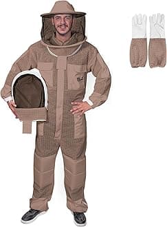 3-Layer Ultra Ventilated Bee Suit for Men & Women – Premium Beekeeping Suit with Bee Gloves & Two Detachable Beekeeping Veils (Brown S)
