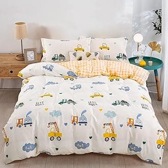 Kids Duvet Cover Set Twin, Cotton Cartoon Car Truck Bedding Set for Boys Girls, 2 Pieces Soft Breathable White Yellow Plaid Reversible Comforter Cover Set (1 Duvet Cover+1 Pillowcase)