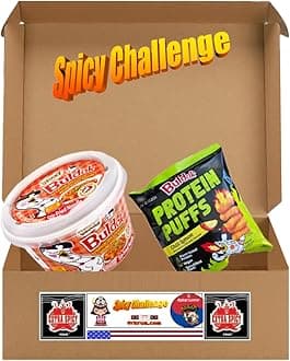 Generic Spicy Buldak Rose Wide Flat Glass Noodle Bowl(169.4g) + Protein Puffs(50g) Assorted Challenge Box (Rose+Puffs (1+1))