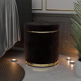 Velvet Round Dual Strip Ottoman Office Stool Foot Rest Stool Linen Fabric Padded Seat Pouf Ottoman with Round Shape for Living Room (Brown)