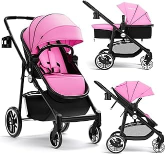 INFANS 2 in 1 Baby Stroller, High Landscape Infant Stroller & Reversible Bassinet Pram, Foldable Pushchair with Adjustable Canopy, Storage Basket, Cup Holder, Suspension Wheels (Pink)