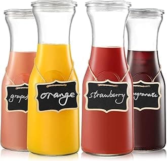 Premify 1L Glass Water Bottles, Set of 4 Glass Carafes with Lids, Beverage Pitcher for Mimosa Bar, Brunch, Cold Water, Juice, Milk, Iced Tea, Lemonade – Includes 4 Wooden Chalkboard Tags