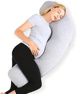 Momcozy Pregnancy Pillows for Body Support, J Shaped Maternity Pillow with Removable Jersey Cover, Soft Pregnancy Body Pillow for Side Sleeping Head Neck Belly Support, Grey