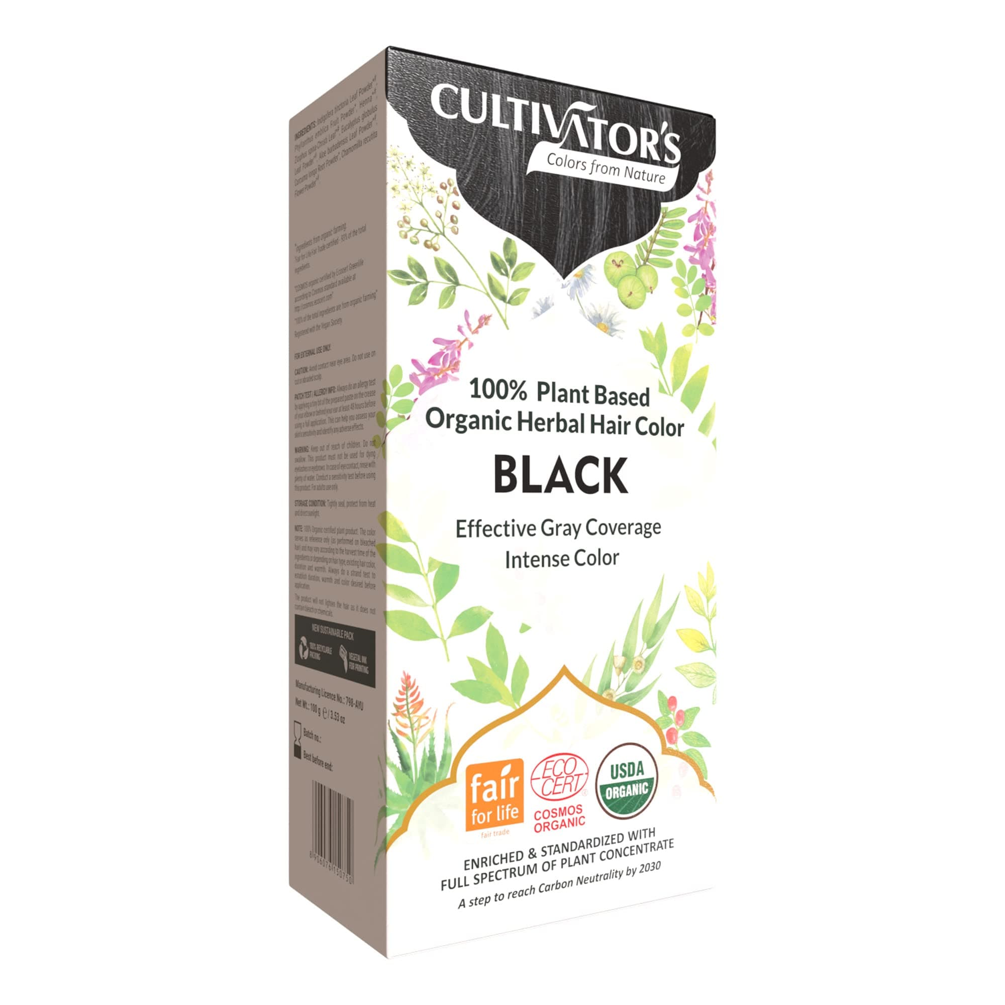 Cultivator's Organic Hair Colour - Organic Herbal Colour for Women and Men - Ammonia Free Hair Coloring Powder - Natural Colour Without Chemical, (Black) - 100g