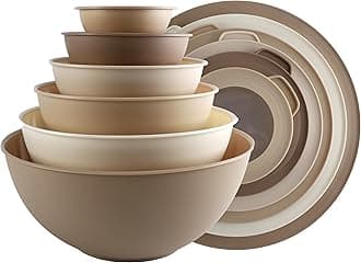 Mixing Bowls with TPR Lids - 12 Piece Plastic Nesting Bowls Set includes 6 Prep Bowls and 6 Lids, Microwave Safe (Brown)