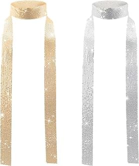 2 Pack Skinny Sparkle Metal Sequins Scarf Neckerchief for Women Girl, Neck Scarf Glitter Neck Tie for for Adult, Costume Accessories for 70s 80s Disco Abba Fancy Dress Up Party Halloween