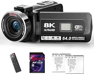 8K Video Camera - UHD 64MP Camcorder with 64GB SD Card & WiFi 18X Digital Zoom Vlogging Camera with IR Night Vision for YouTube, 3" Touch Screen with Fill Light, Lens Hood, Remote and 2 Batteries