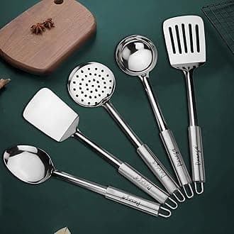 Parage 5 Pieces Stainless Steel Pipe Handle Kitchen Tool Set for Cooking, Set of 5, 35 cm, Silver (Contains: 1 Ladle, 1 Skimmer,1 Turner, 1 Spatula, 1 Slotted Turner)