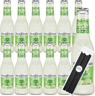 Fever-TreeYuzu and Lime Premium Mixer 6.8 fl oz Glass Bottles 12 Pack + 20 Plastic Stirrer Sticks by KOOL8SHOP Infinite Deals