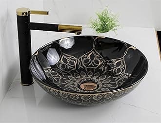 BASSINO 16x16x6 Inches Ceramic Counter Top Wash Basin/1 Year Warranty/Moroccan Round Tabletop Basin for Bathroom/Above Counter Sink for Dining Hall/Living Room/Hotel/Office(Black & Rose Gold Finish)