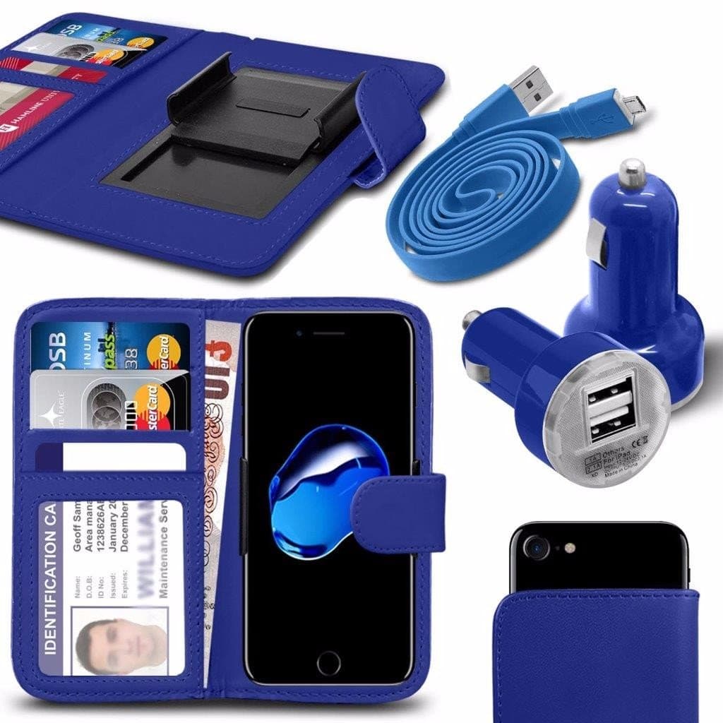 Archos 55B Platinum - Case Super Essentials Pack Clamp Spring Style PU Leather Wallet + Dual Bullet Charger + Micro USB 1 Metre Flat Data Cable - Hot Blue