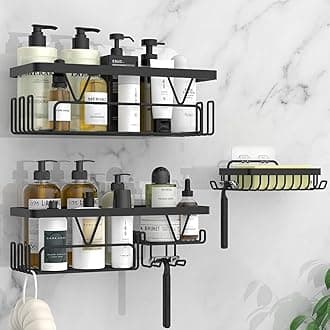 Shower Caddy, Bathroom Shelf Organiser No Drilling, Adhesive Shower Storage Rack with Soap Razor Holder, Bathroom Accessories, Black, 3 Pack