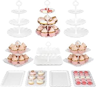 Pack of 10 NWK Cake Stand Set, with 3 x Two-Tier and 3 x Three-Tier Cupcake Stands, 4 x Appetizer Trays, 1 x Tablecloth for Birthday Bridal Baby Shower Party (White)