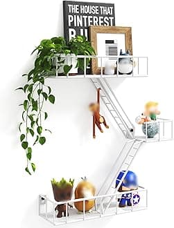 Fire Escape Wall Shelf with Baskets, 3-Tier Metal Fire Escape Ladder Shelf Wall Organizer, New York Inspired Decorative Shelf, White Floating Action Figurine Display Shelves for Bedroom, Home Décor.…