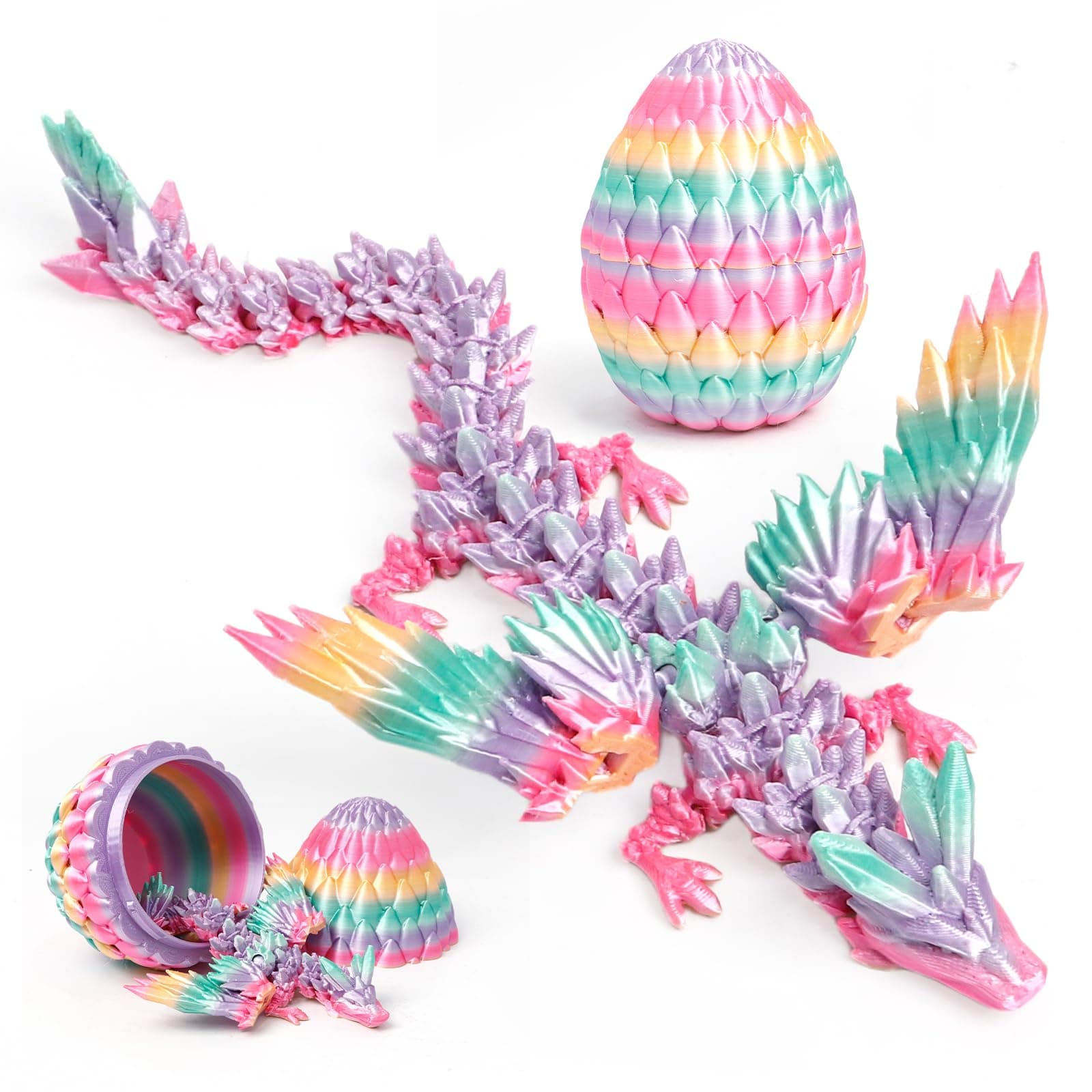 3D Printed Dragon in Egg - Easter Basket Stuffers for Kids&Adults, 9" Large Flexible Winged Dragon Inside, Fidget Toy & Figure,Desk Pet, Birthday, Filled Easter Eggs(Rainbow)