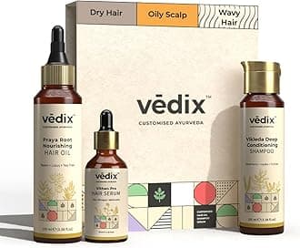 Vedix Customized Hair Fall Control Regimen For Dry - Oily Scalp & Wavy Hair - 3 Product Kit - Anti Hair Fall Oil Neem + Vithan Pro Hair Growth Serum