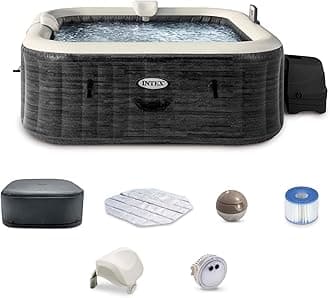 PureSpa Greystone Deluxe 4 Person Square Inflatable Hot Tub, Bubble Massage Spa Set with Energy Efficient Cover, 2 Headrests, & LED Light, 69 in x 28 in
