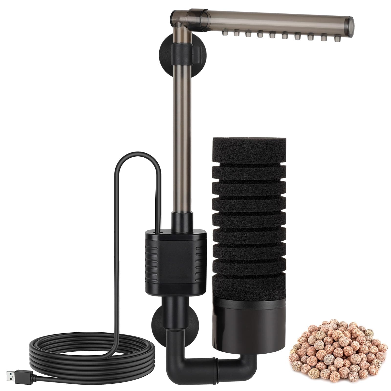 USB Single Sponge Filter, Small Aquarium Filter with Adjustable Hanging Clip and Suction Cup, Duckbill Outlet, Rain Pipe Outlet, Extra Spare Sponge