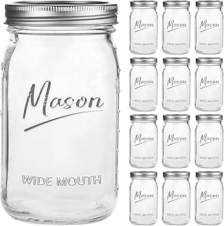 Mason Jars 32 oz,12 Pack Quart Wide Mouth Mason Jar With Airtight Lids,Glass Canning Jars for Fermenting, Pickling,Meal Prep,Overnight Oats & Centerpieces