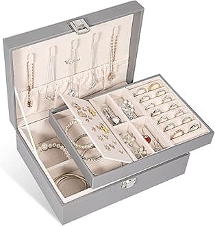 Voova Jewelry Box Organizer for Women Girls,2 Layer Large Men Jewelry Storage Case, PU Leather Display Jewellery Holder with Removable Tray for Necklace Earrings Rings, Grey