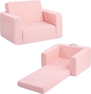 Tiita Kids Chair Couch, Folding Toddler Comfy Sofa Chairs, 2-in-1 Kids Plush Sofas Fold Out, Baby Armrest Chair Sofa to Lounger, Convertible Play Sofas to Bed for Girl or Boy, Pink