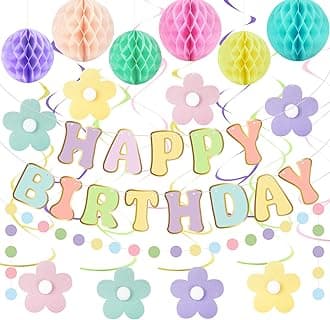 Amandir Pastel Birthday Decorations for Girls Women, Happy Birthday Banner with Honeycomb Balls, Daisy Flowers Hanging Swirls, Circle Dots Garland, Pastel Spring Easter Party Decorations Supplies