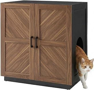 unipaws Cat Litter Box Enclosure Furniture with Storage Shelf, Tall Hidden Litter Box Cover for Tall or Top Entry Litter Box, Kitty Enclosed Cabinet, Cat Box with Odor Control, Walnut and Black