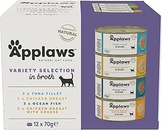 Applaws 100% Natural Adult Wet Cat Food, 12x70g Tins, Multipack Fish and Chicken Mixed Selection in Broth 70g Can