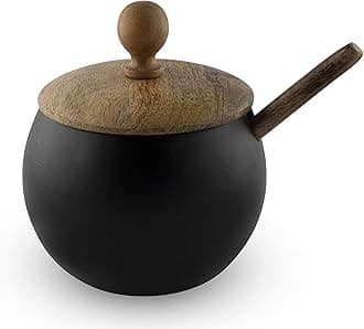 Sugar Bowl with Wooden Lid and Spoon for Home and Kitchen, Drum Shape (Matte Black Finish)