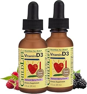 ESSENTIALS Vitamin D3 - Vitamin D Drops for Kids, 500 IU, Supports Immune, Heart & Bone Health, All-Natural, Gluten-Free, Non-GMO - Natural Berry Flavor, 1 Fl Oz Bottle (Pack of 2)
