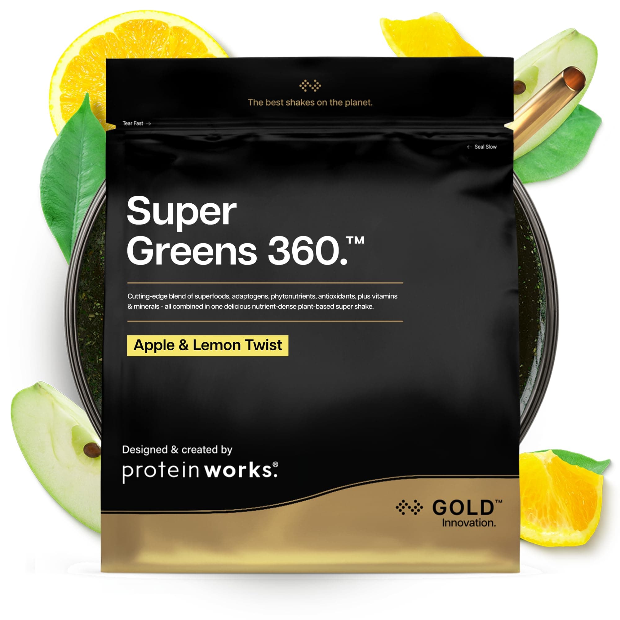Protein Works | Super Greens 360 - Gold Innovation, Enhanced Greens Powder, 159 Health Benefits, Antioxidants, Superfoods, Adaptogens, Vegan, Apple & Lemon Twist, 20 Servings, 250g