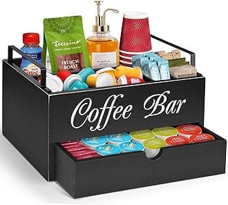 Farmhouse Coffee Bar Accessories - Wooden Countertop Organizer with Handle, K-Cup Storage Basket & Drawer, Condiment Organizer
