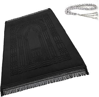 Prayer Rug Muslim Mat Islamic - Thick Large Padded Sajadah for Kids Men Women with Islam Prayer Beads for Eid Travel Ramadan, Soft Luxury Great for Knees and Forehead(Black)
