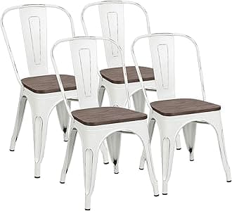 Furniwell Metal Dining Chairs with Wood Seat, Indoor Outdoor Use Stackable Tolix Industrial Metal Chairs Set of 4 for Kitchen, Dining Room, Bistro and Cafe (White)