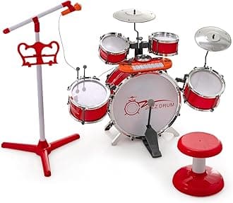 Kids Drum Keyboard Set with Stool & Microphone Stand, Jazz Drum Set with Cymbal, Multifunctional Digital Keyboard, DJ Kit, Music Stand, Percussion Instrument Toy for 3+ Boys & Girls (Red)