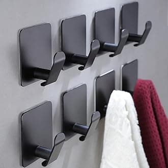 Taozun Adhesive Hooks 8 Packs, Black Wall Hooks for Hanging Coat/Towel Hooks Stainless Steel Waterproof Robe Hooks for Bathroom Bedroom Kitchen