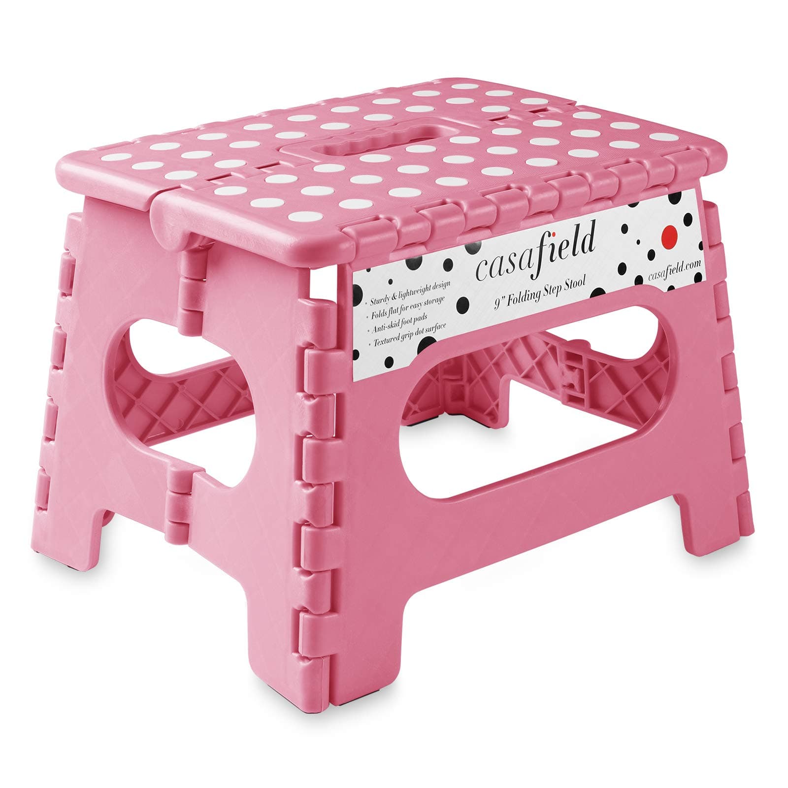 Casafield 9" Folding Step Stool with Handle - Portable Collapsible Small Plastic Foot Stool for Kids and Adults - Use in The Kitchen, Bathroom and Bedroom Pink HOM-LAD-9DFS-PINK