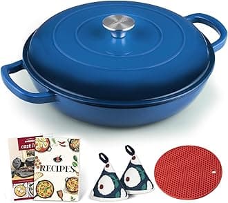 Overmont Blue Shallow Cast Iron Casserole With Lid Cookbook & Cotton Potholders – Non Stick Dutch Oven Pot, Oven Safe up to 500° F – Cookware – Enamelled Cooking Pot – 30cm