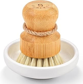 Bamboo Dish Scrub Brush for Kitchen Sink, Natural Wooden Washing Dish Brush Scrubber with Sisal Bristles for Household Cleaning, Cast Iron Pots, Pans and Vegetables