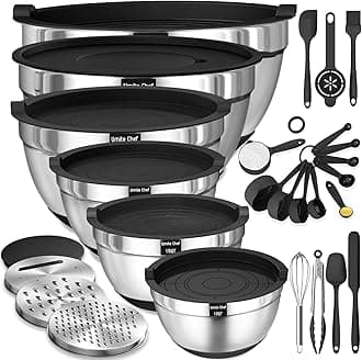 Umite Chef Mixing Bowls with Airtight Lids, 26Pcs Stainless Steel Bowls Set, 3 Grater Attachments & Black Non-Slip Bottoms Size 7, 4, 2.5, 2.0,1.5, 1QT, Great for Mixing & Serving