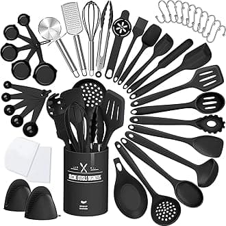 43 Pcs Kitchen Utensils Set, Heat Resistant Silicone Cooking Kitchen Utensils Set with Holder, Spoon, Spatula, Kitchen Gadgets Tools Set For Nonstick Cookware, Dishwasher(BPA Free, Black)