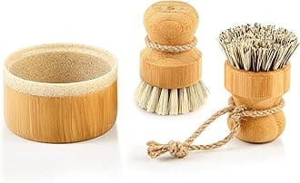 SUBEKYU Bubble Up Bamboo Dish Brush Set with Soap Holder, Wooden Dish Scrubber with Soap Dispenser, Natural Kitchen Scrub Brush, Washing Pot/Pans/Cast Iron, 2 Pack, Sisal + Coconut Palm Bristles