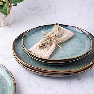 AmorArc Ceramic Dinner Plates Set of 6，10.5 Inch Handmade Reactive Glaze Stoneware Plates，Rustic Shape Dinnerware Dish Set Kitchen，Microwave & Dishwasher Safe，Scratch Resistant，OceanBlue(ADP007CP)