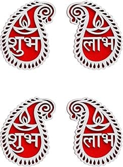 eCraftIndia White & Red Buta or Paisley Shaped Wooden Shubh Labh with Diya Decorative Showpieces for Diwali Navratri Ganesh Chaturthi Festival Decor - Diwali Decoration Items for Home Decor (Set of 2)